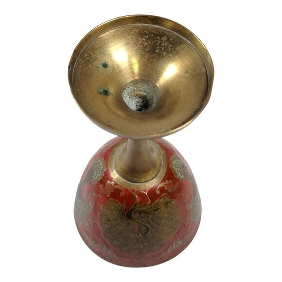 Vintage Enamel Hand Painted Etched Brass Cloisonne Peacock Wine Goblet India Red - Picture 7 of 8